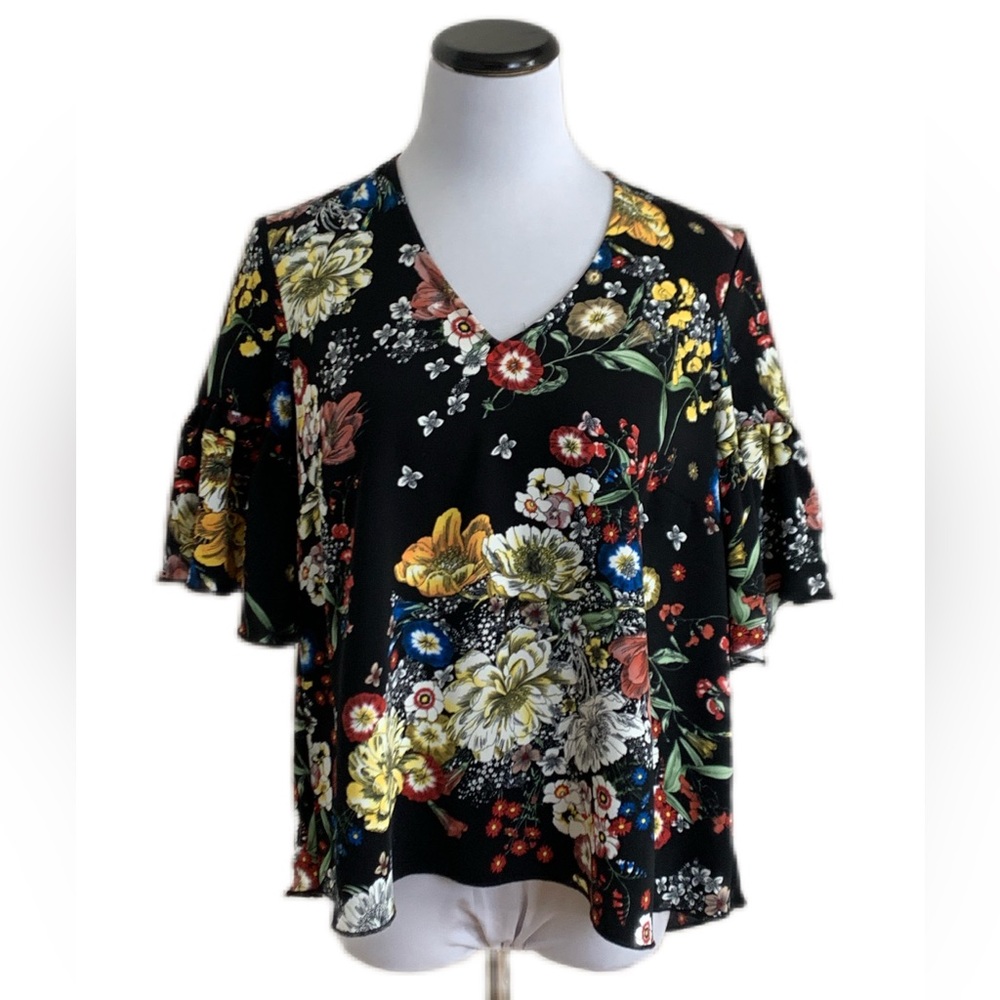 Catherine Malandrino SZ S Black Multi Color Floral Print Short Bell Slee…